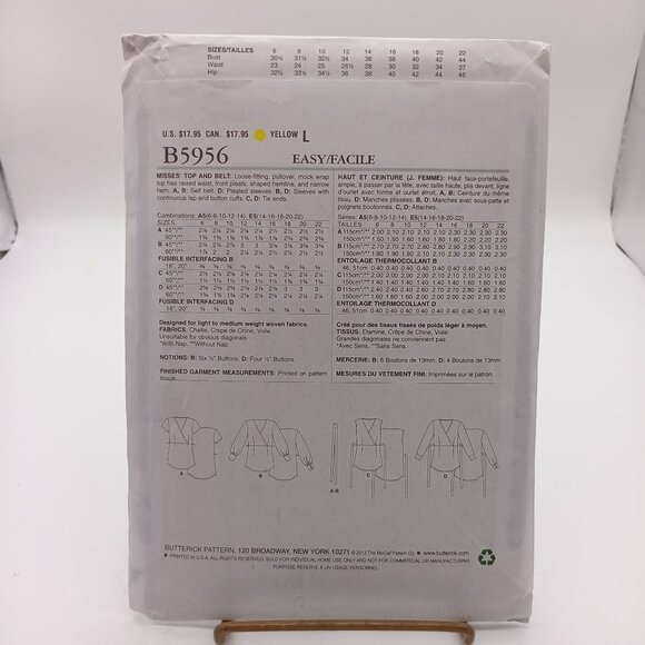 Butterick B5956 Misses' Top & Belt Sewing Pattern Sizes 14-22 150th Anniversary - Picture 2 of 2
